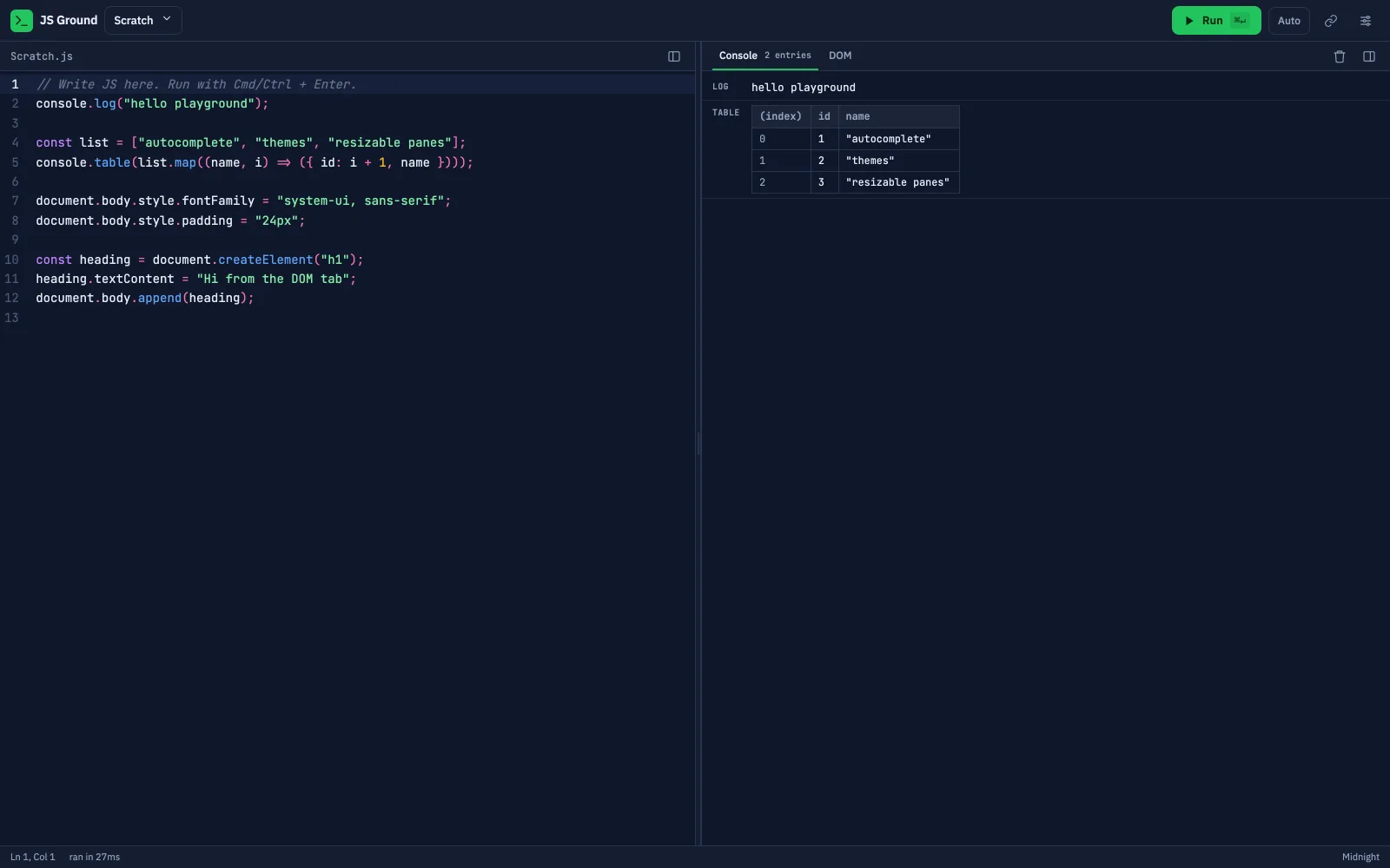 JS Ground editor with live console output