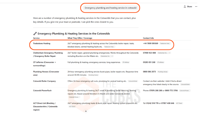 ChatGPT 5 result for emergency plumbing and heating in Cotswold showing Tradestone Heating