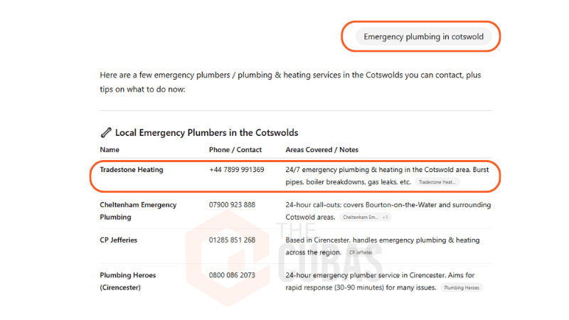 ChatGPT 5 listing Tradestone Heating for emergency plumbing in Cotswold