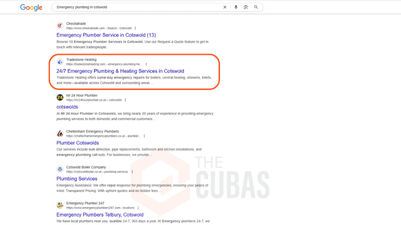 Google search result for emergency plumbing in Cotswold showing Tradestone Heating on page one