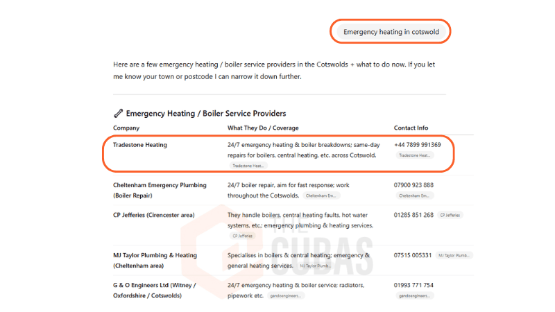 ChatGPT 5 recommending Tradestone Heating for emergency heating in Cotswold